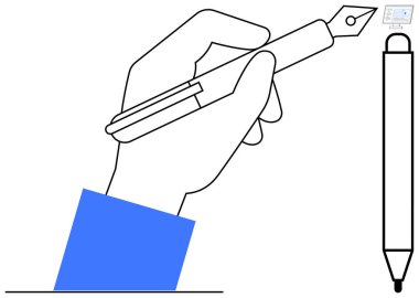 Yazarlık, yaratıcılık, dijital sanat, teknoloji, tasarım araçları, iletişim. Görünürde dolmakalem ve stil kalemi tutan bir el. Yazma ve yaratıcılık merkezi olarak vurgulandı