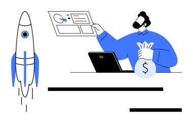 Finans, yenilik, girişimcilik, iş stratejisi, başlangıç büyümesi, fon yönetimi. Dizüstü bilgisayarı olan bir profesyonel, haritayı gösteren para çantası tutuyor. Finans ve yenilik