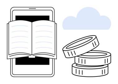 Çevrimiçi eğitim, e-öğrenme, dijital işlemler, sanal kütüphane, e-ticaret, bulut depolama. Akıllı telefon kitap, bozuk para ve bulut simgesi gösteriyor. Çevrimiçi eğitim ve dijital işlem kavramı