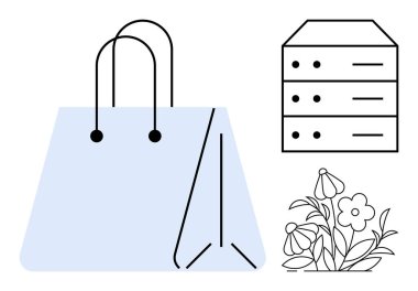 E-ticaret, teknoloji hizmetleri, dijital perakende, çevre bakımı, doğa entegrasyonu, online alışveriş. Alışveriş çantası, sunucu ikonu çiçek tasarımı. E-ticaret ve teknoloji hizmetleri kavramı