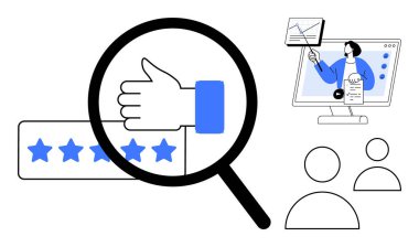 Müşteri geribildirim kavramı. Müşteri geri bildirimi yıldız reytingleri, baş parmaklar ve sanal ilişki üzerinden vurgulandı. Müşteri geri bildirimi güvenilirliği ve kullanıcı deneyimlerini artırır. Pazarlama için ideal