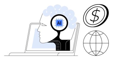 Yapay zeka, teknolojik yenilik, küresel iş, ekonomik büyüme, dijital ekonomi, otomasyon. Yapay zeka çipli, dizüstü bilgisayarlı ve dünya ikonlu insan kafası. Yapay zeka ve teknoloji yeniliği