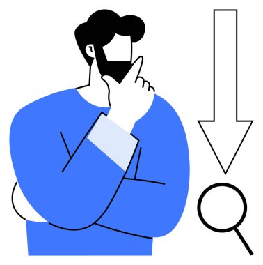 El ve çene üzerine kafa yoran, aşağı ok büyüteci işaret ediyor. Analiz, keşif, düşünme, karar verme, arama ve araştırma için ideal. Basit düz metafor