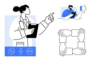 TeleHealth, takım çalışması, online danışma, uzak hizmetler, dijital işbirliği, sanal yardım. Doktor işaret ediyor, tablet tutan adam birbirine kenetlenmiş eller. TeleHealth ve takım çalışması kavramları