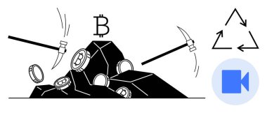 Kripto para birimi, engelleme teknolojisi, dijital ekonomi, yenilenebilir enerji, veri madenciliği, finans teknolojisi. Kazmalar kayalardaki bitmadeni paraları, geri dönüşüm oklarını ve video simgesini hedef alıyor. Kripto para birimi