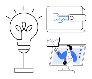 Dijital yenilik kavramı. Teknoloji, yaratıcılık ve öğrenme araçlarını birleştiren dijital yenilik. Dijital yenilik çevrimiçi eğitim ve ödeme sistemlerini dönüştürüyor. Teknoloji ve eğitim için