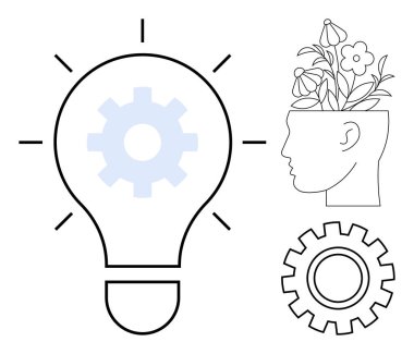 Light bulb with gear, head sprouting flowers symbolizing innovation, and a gear. Ideal for creativity, brainstorming, innovation, growth mindset, knowledge, problem-solving simple flat metaphor