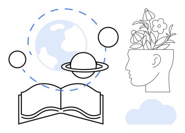 Açık kitap, gezegenler, Dünya, çiçek açan insan kafası eğitim, büyüme, hayal gücü, yaratıcılık, bilgi, doğa ve keşif arasındaki bağlantıyı gösteriyor. Yenilik öğrenmek için ideal