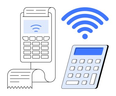 Dijital ödemeler, finansal hesaplar, online işlemler, fintech, kablosuz bağlantı, iş aletleri. Faturalı ödeme terminali, kablosuz sinyal hesap makinesi. Dijital ödemeler