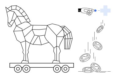 Siber güvenlik, çevrimiçi dolandırıcılık, dijital hırsızlık, kripto para birimi tehditleri, hackleme, Truva savunmasızlığı. Çokgen bir Truva atı, dijital dokunuş noktası ve düşen paralar. Siber güvenlik ve online dolandırıcılık