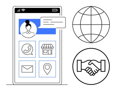 Mobil iletişim. Akıllı telefon arayüzü aramalar, mesajlar, konum ve daha fazlası için simgeleri görüntüler. Mobil iletişim küresel ağ, iş ve kişisel etkileşimleri geliştirir. İdeal