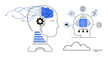 Yapay zeka konsepti. Yapay zeka, insan-parmak kavrayışını makine öğrenimi ve veri işleme için teknolojik sistemlerle bütünleştirir. Yapay zeka uygulamaları