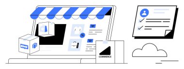 Ürün kartlarının yer aldığı dijital mağaza önü, çizgili bir sanal tente, nakliye kutuları ve dijital sipariş kontrol listesi. E-ticaret, lojistik, düzen yönetimi, dijital perakende, pazarlama için ideal