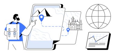 Bir tablet haritasında hedefleri araştıran sırt çantalı gezgin konum işaretleyicileri, yer işaretleri, küresel ağ ve analitik gösterge paneli. Seyahat, seyrüsefer, macera, keşif ve turizm için ideal