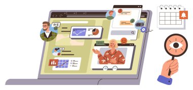 Sanal profilleri, video çağrıları, veri grafikleri, görev bildirimleri olan dizüstü bilgisayar ekranı. El ele tutuşan büyüteç odaklanmayı ve izlemeyi ön plana çıkarır. Takım çalışması, üretkenlik, takım çalışması, strateji için ideal