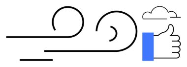 Rüzgar enerjisi konsepti. Baş parmaklı rüzgar sembolleri ve bulut yenilenebilir enerjiyi simgeler. Rüzgar enerjisi temiz enerji ve sürdürülebilirliği destekler. Eko kampanyaları, enerji tasarrufu, güç kullanımı