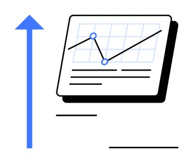 Line graph with data points and upward blue arrow. Ideal for growth, success, analytics, progress, financial performance, presentation, and business planning. Simple flat metaphor