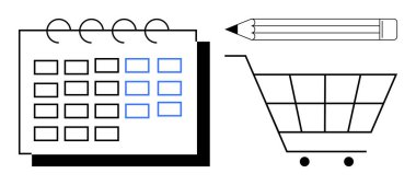 Organizasyon, verimlilik, perakende iş akışı, e-ticaret programı, zaman yönetimi, alışveriş planlaması. Bir takvim, kalem ve alışveriş arabası ikonu. Organizasyon ve perakende iş akışı