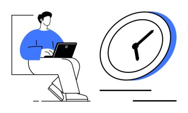 Uzaktan çalışma, verimlilik, zaman yönetimi, teslim tarihleri, verimlilik, dijital çalışma alanı. Saatin yanında dizüstü bilgisayar kullanan biri. Uzak çalışma ve üretkenlik kavramı görsel olarak