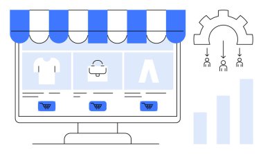 E-ticaret işi. E-ticaret platformu alışveriş arabası ikonlarıyla çevrimiçi alışveriş malzemeleri. Çevrimiçi perakende optimizasyon için otomasyon ve analitik semboller içerir. Perakende, otomasyon, pazarlama için