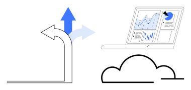 Bulut hesaplama, veri analizi, iş zekası, uzaktan erişim, teknoloji stratejisi, büyüme izleme. Oklar ve bulut dizüstü bilgisayarda çizelgeleri gösteriyor. Bulut hesaplama ve veri analizi