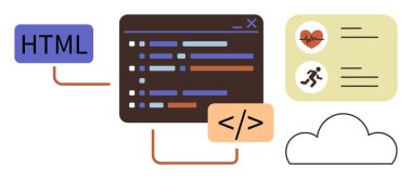 Kodlama arayüzü, kalp hızı ve aktivite simgeleriyle bulut ve sağlık uygulaması gösterge paneline bağlı. Teknoloji, sağlık, fitness, programlama, yazılım geliştirme, veri paylaşımı için ideal, basit düz