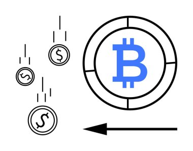 Kripto para birimi konsepti. Bitcoin ve dolar sembollerinin dijital finansın geçişini vurgulayan görsel hali. Kripto para, gelecekçi ekonomi aracı olarak kullanılıyor. Fintech, engelleme zinciri, dijital için