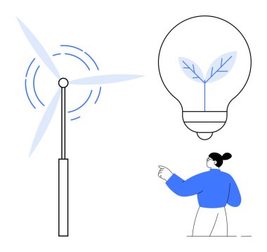 Yenilenebilir enerji, sürdürülebilirlik, yeşil enerji, yenilik, ekoloji, çevre koruma. Rüzgar türbini, büyüyen yapraklı bir insanın el kol hareketi yaptığı ampul. yenilenebilir enerji ve sürdürülebilirlik