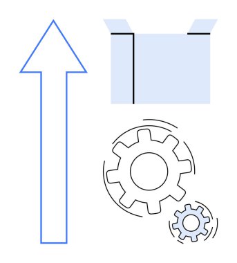 Süreç geliştirme, üretkenlik, büyüme stratejileri, yenilik, iş akışı geliştirme, verimlilik. Ok, açık kutu ve vitesler birlikte çizilmiş. Süreç iyileştirme ve üretkenlik