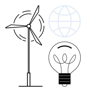 Yenilenebilir enerji, eko-teknoloji, sürdürülebilirlik, yeşil enerji, yenilik, iklim çözümleri. Rüzgar türbininin çizgi sanatı, ampul küresi. Yenilenebilir enerji ve eko-teknoloji kavramı