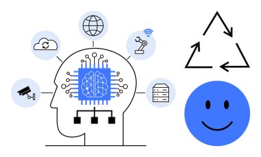 Yapay zeka konsepti. Sinir ağlarını, bulut hesaplamalarını ve otomasyonu birbirine bağlayan yapay zeka. Yapay zeka yenilik ve sürdürülebilirliği teşvik ediyor. Teknoloji için
