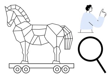 Geometrik monte edilmiş Truva atı, yukarı bakan meraklı adam ve büyük büyüteç. Güvenlik, aldatma, analiz, dijital riskler, keşif fikirleri ve inceleme için idealdir. Basit bir düz metafor.
