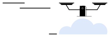 Havadan yenilik, kuadkopter teknolojisi, modern lojistik, çevre izleme, gözetleme, fütürist aletler. Açık mavi bir bulutun üzerinde süzülen bir Quadcopter. İHA teknolojisi ve hava teknolojisi