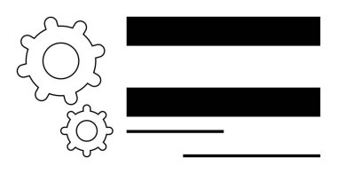 Yatay metin satırları ve ayırıcıları olan iki mekanik vites. İş akışı açıklaması, süreç görselleştirme, teknoloji konsepti, takım çalışması, otomasyon, mühendislik, basit düz metafor
