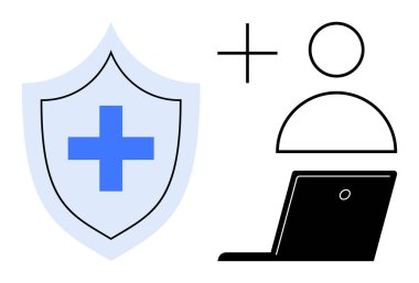 Sağlık teknolojisi, siber güvenlik, veri koruması, dijital kimlik, tıbbi kayıtlar, hasta erişimi. Tıbbi haçlı bir kalkan, kullanıcı profili ikon dizüstü bilgisayarı. Sağlık teknolojisi