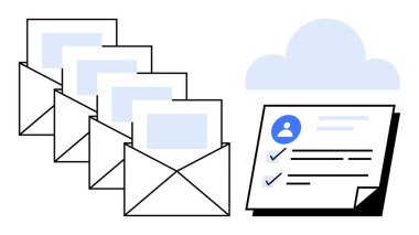 Harfleri, bulut simgesini, kontrol işaretli kullanıcı profilini içeren açık zarflar yığılmış. E- posta, bulut depolama, belge paylaşımı, üretkenlik, dosya yönetimi, iş akışı dijital için ideal