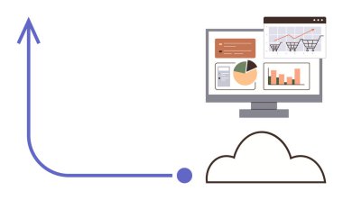 Bilgisayar ekranında yükselen bir ok ve bulut ile e-ticaret ve analitik veri grafikleri görülüyor. Ticari büyüme, istatistik, bulut hesaplama, e-ticaret, veri analizi, pazarlama ve dijital için ideal