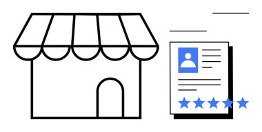 Beş yıldızlı bir müşteri profilinin yanındaki siyah beyaz mağaza çizgisi. Küçük işletme markaları, müşteri geribildirimleri, yerel pazarlama, kalite hizmetleri, çevrimiçi yorumlar, dijital