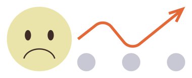 Noktaların üzerinden yukarıya doğru giden eğri bir okun üzgün yüzü duygusal gelişimi, zorlukları, gelişmeyi ve başarıyı temsil ediyor. Büyüme, motivasyon, ilerleme ve dönüşüm için ideal