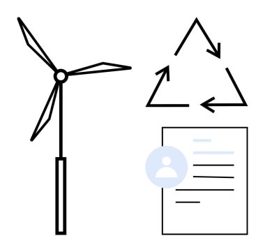 Yenilenebilir enerji, çevresel koruma, belge yönetimi, sürdürülebilirlik, çevre dostu girişimler, yeşil teknoloji. Bir rüzgar türbini, geri dönüşüm üçgeni sembolü ve kullanıcı içeren bir belge simgesi