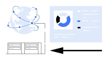 Veri işleme kavramı. Sunucuları olan veriler, küresel ağ bağlantısı ve analitik gösterge paneli. Bilişim sistemleri, bulut hesaplama, analitik veya teknolojik gelişim için veri yorumu