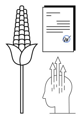 Mısır tarımı. Mısır bitkisi yetiştiriciliği ve gıda üretimi. Sözleşme imzalanması resmi anlaşmalar anlamına gelir. Gelişim için yukarı doğru ok atan entellektüel büyüme. Tarım ve eğitim için ideal