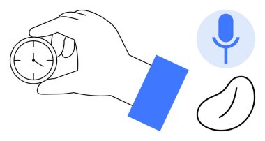 Zaman izleme, iletişim, doğa, verimlilik, ses tanıma, basitlik. Mikrofon ikonu ve fasulye şekilli bir kronometreyi tutan bir el. Zaman izleme ve iletişim