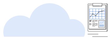 Cloud computing, data analysis, business growth, technology integration, digital storage, analytics. A soft blue cloud alongside a clipboard a data graph and checklist. Cloud computing and data