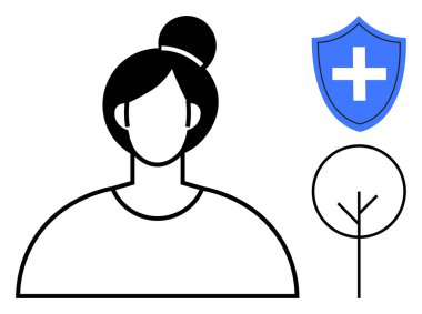 Sağlık, kimlik, refah, sağlık hizmetleri, güvenlik, sosyal hizmet. Tıbbi haçı ve ağaç sembolü olan mavi bir kalkanın yanında dişi avatar. Sağlık ve kimlik konsepti