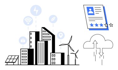 Güneş panelleri, rüzgar türbinleri, bağlantı simgeleri olan şehir manzarası. Bulut hesaplama ve dijital profiller yakında. Yenilik için ideal, sürdürülebilirlik, veri yönetimi, teknoloji, akıllı şehirler