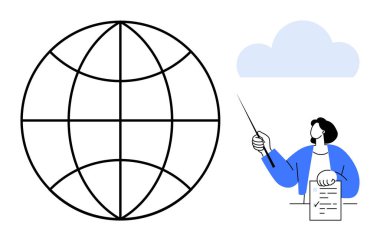 Elinde küre ve bulutun yanında sunulan bir işaret ve belge tutan kişi. Eğitim, küresel öğrenim, bağlantı, coğrafya, teknoloji, iletişim, bilgi paylaşımı için ideal. Basit düz