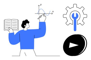 Eğitim, problem çözme, teknoloji, yenilik, veri analizi, büyüme kavramları. Grafikler, dişli araç simgesi ve çalma düğmesi sembolü üzerinde çalışan bir kişi. Eğitim ve sorun çözme kavramı