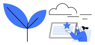 Büyüme, dijital yenilik, çevre teknolojisi, sürdürülebilirlik, çevrimiçi öğrenme, eğitim. Büyük bir yaprak ve bir insan bulutun altında dijital tabletle etkileşime giriyor. Büyüme ve dijital