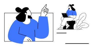 Çalışma alanı konsepti. Çalışma alanı dizüstü bilgisayarda çalışan ve iletişim için işaret eden bir kişi. Çalışma alanı tasarımı verimliliği ve işbirliğini vurguluyor. Teknoloji, eğitim ve yaratıcılık için ideal